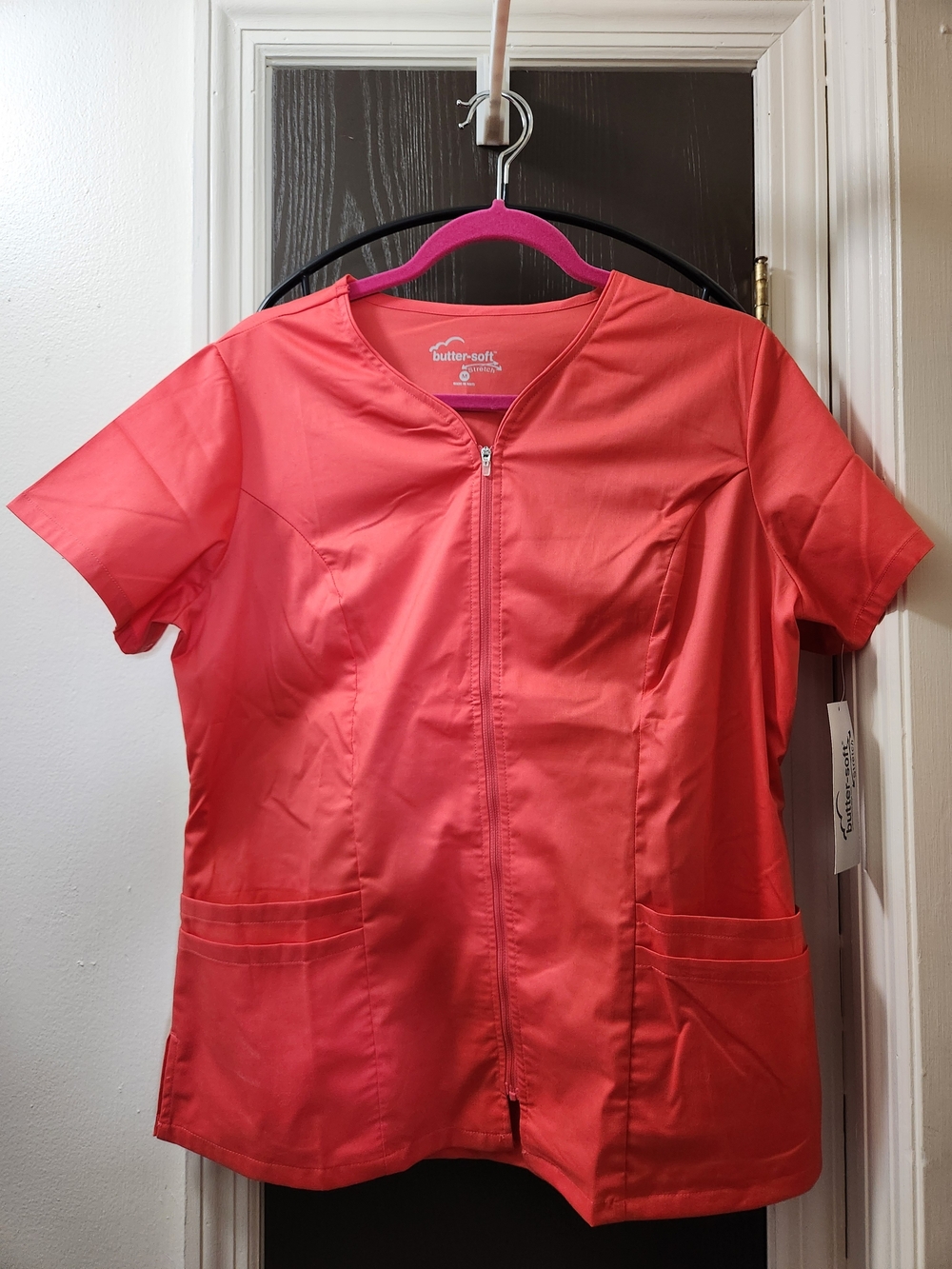 Butter-Soft Coral Zip-Front Short Sleeve Scrub Top